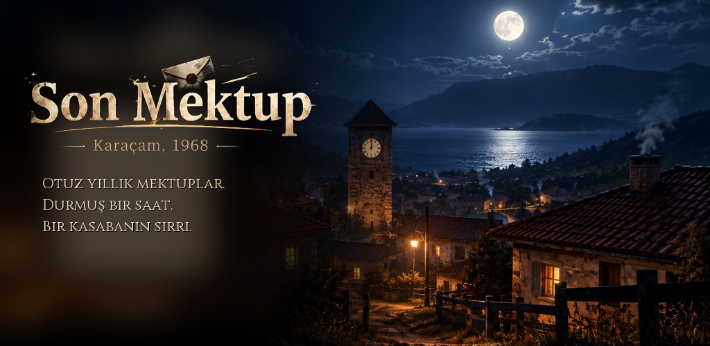 Son Mektup: gece, ay ışığında saat kulesi ve kasaba
